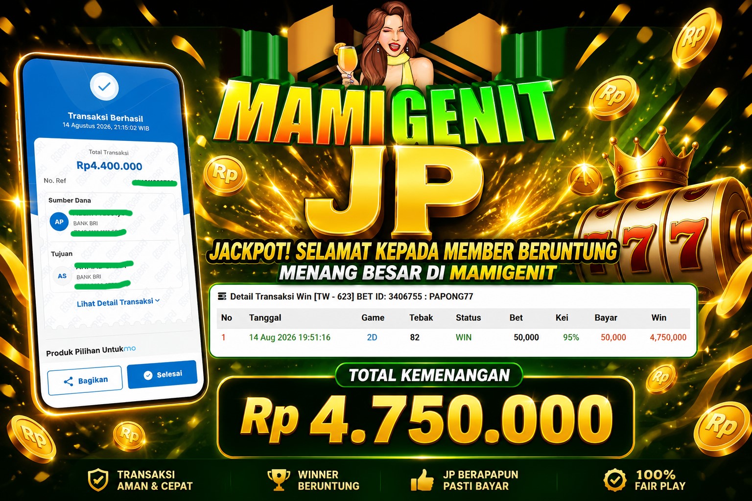 MAMIGENIT - JACKPOT SEBESAR RP.4,750,000,- DI PASARAN TOGEL TAIWAN